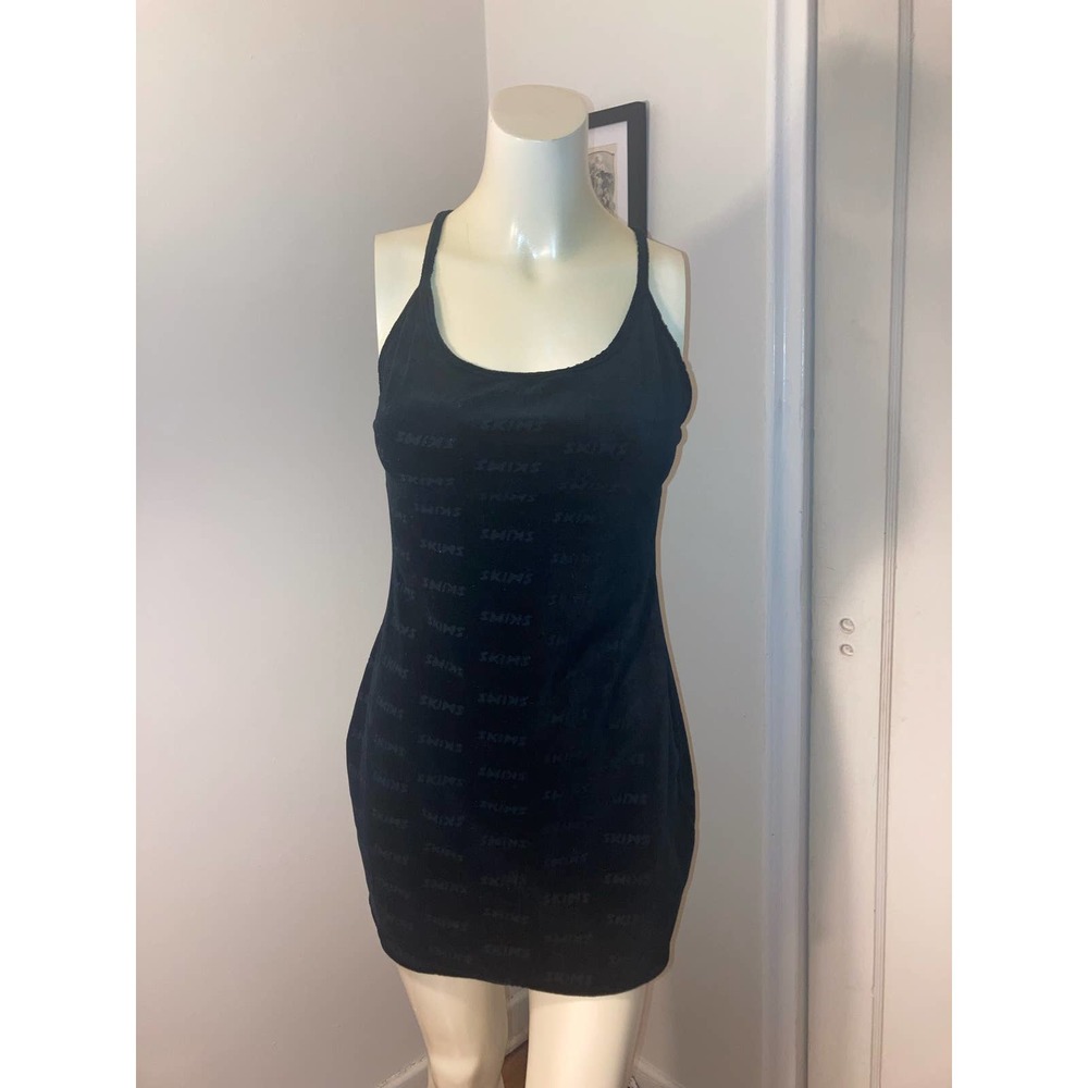 Skims Size Large Logo Velour Dress NWT Mini Black Women's Onyx